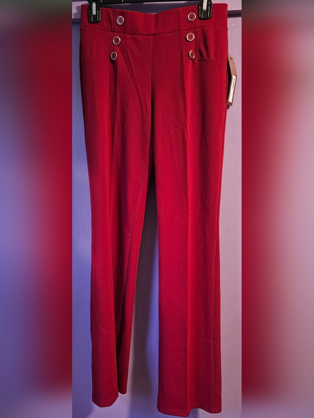 High-Rise Red Button-Accent Straight Trousers for Women